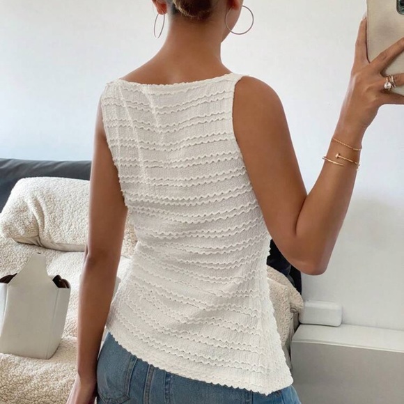 Women Square Collar Open Placket Buttons Sleeveless Textured Horizontal Stripes - Picture 4 of 4